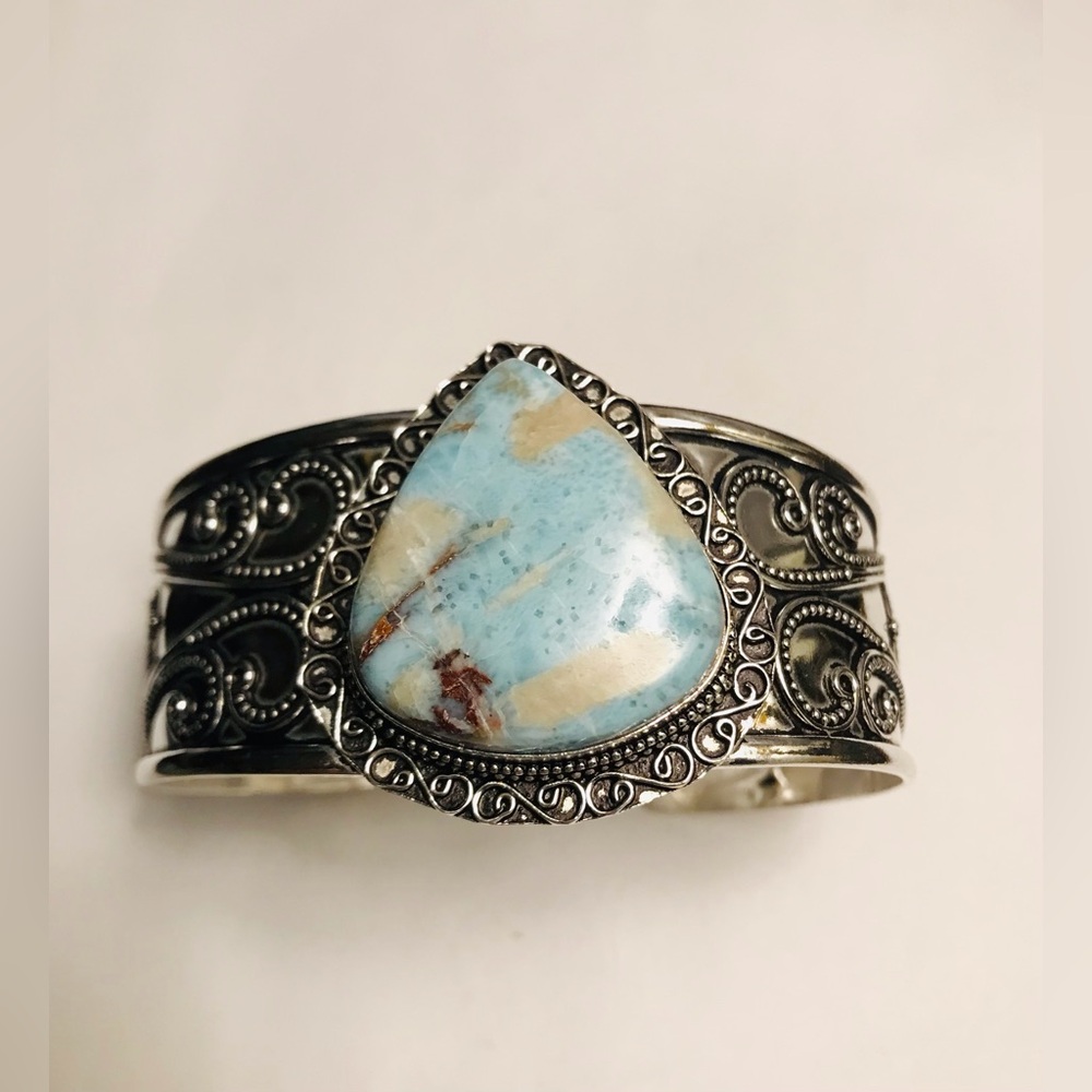 Larimar Stamped 925 Sterling Silver Cuff Bracelet - Picture 3 of 5